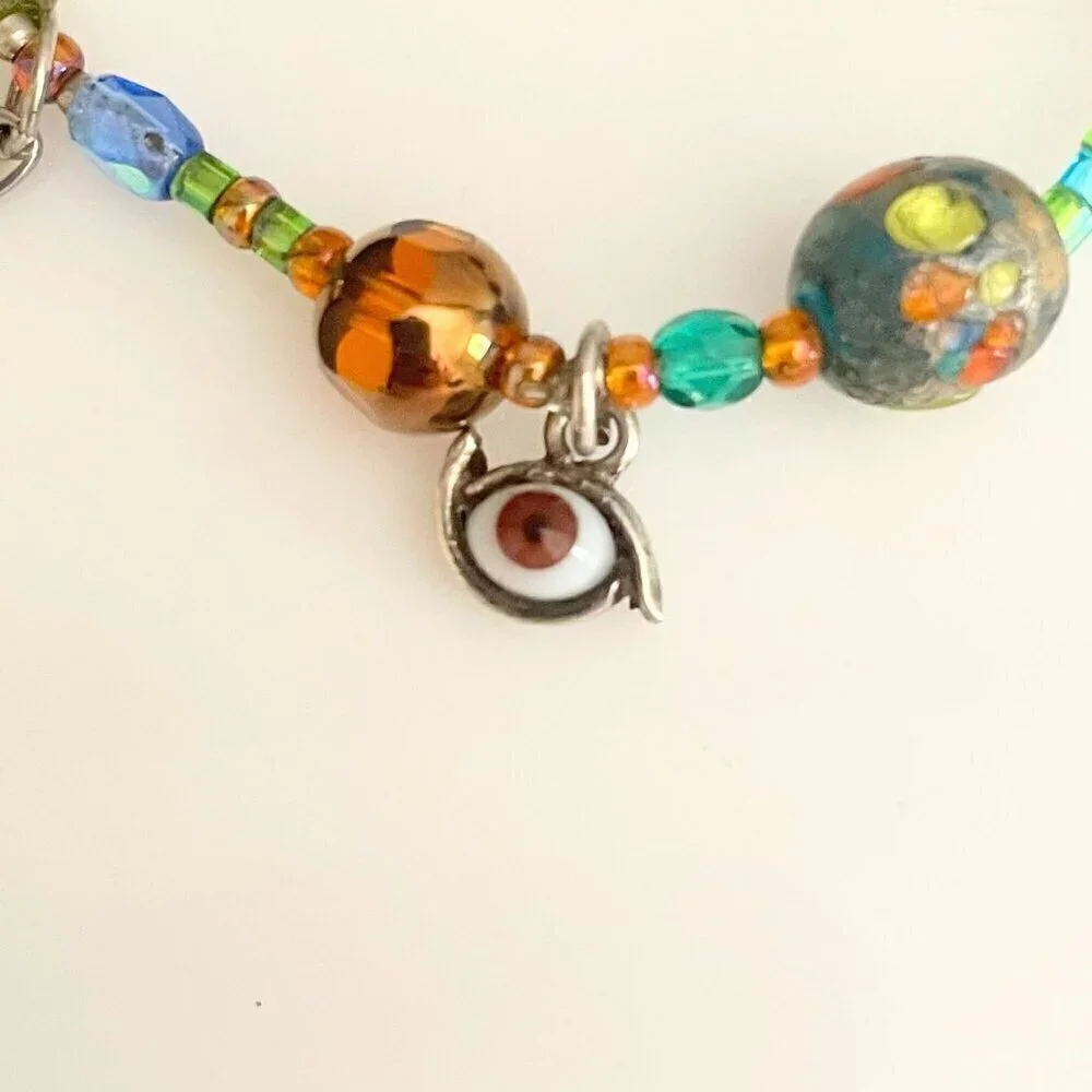 Irma Obregón Sterling Silver Evil Eye Lampwork Bead Handmade Stretch Bracelet OS